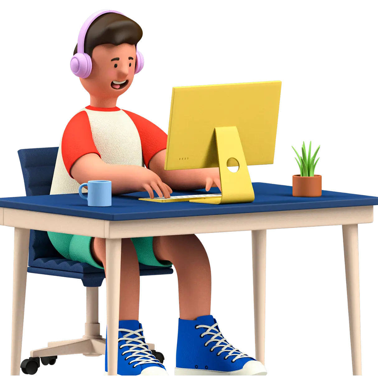 A 3D kid with headset using a PC-Digital Marketing Expert in Qatar