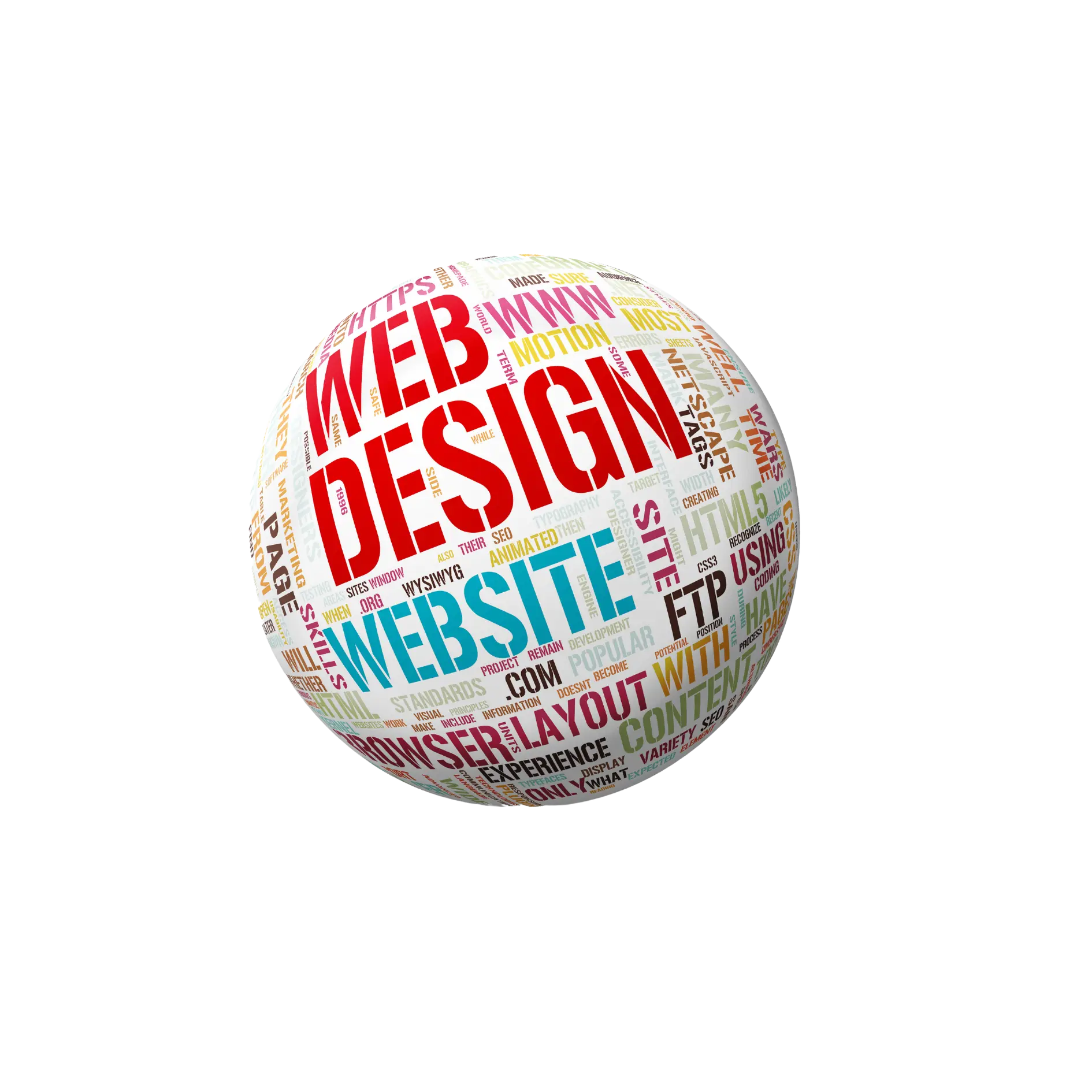 A white round object covered with Web design related texts-Digital Marketing Expert in Qatar